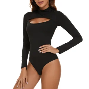 Women's Bodysuit Long Sleeve Sexy Mock Neck Shapewear Thong Waist Trainer Tops Corset Slimming Tummy Control Basic Body Shaper